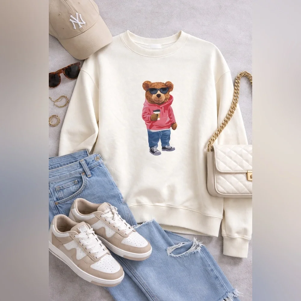 NWT Cream Crewneck Sweatshirt with Teddy Bear Graphic by Denim & Flower - Picture 6 of 7